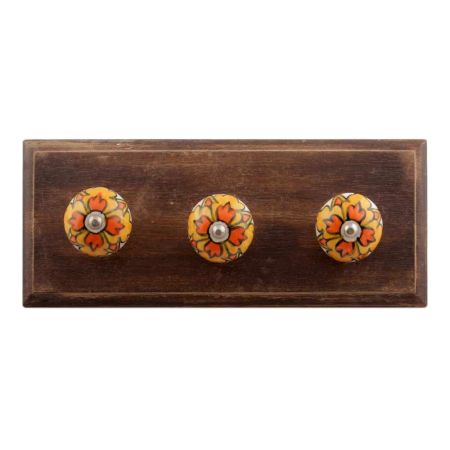Mustard Ceramic Flower Wooden Hooks